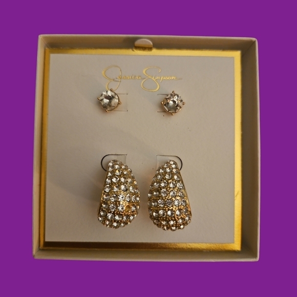 JESSICA SIMPSON Goldtone Paved Chunky Hoop and Solitaire Post Earrings - Picture 1 of 6